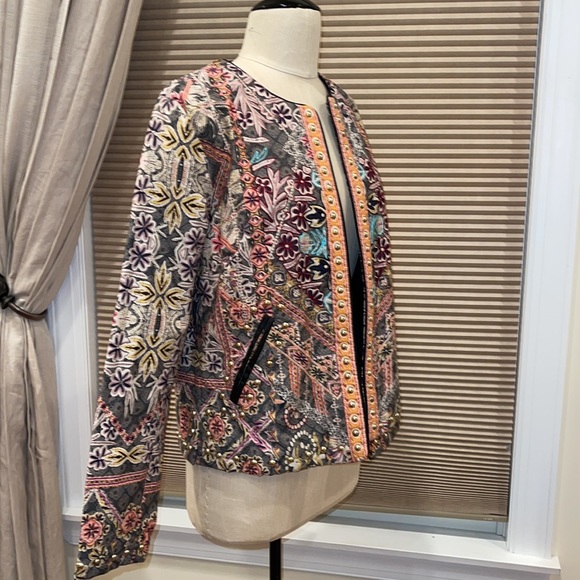 Beautiful Open Front Printed Studded Embroidered Jacket - Picture 5 of 11
